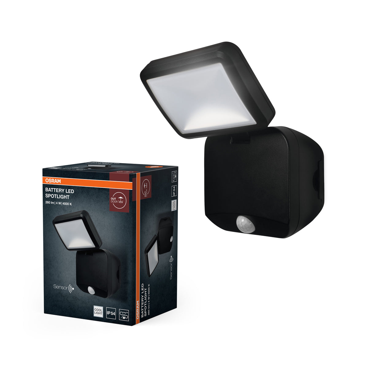 OSRAM buitenlamp, LED-spot op batterijen, zwart, 4 W, 4000 K, IP54, bewegings- en lichtsensor, werkt op batterijen, eenvoudige montage, 260 lm