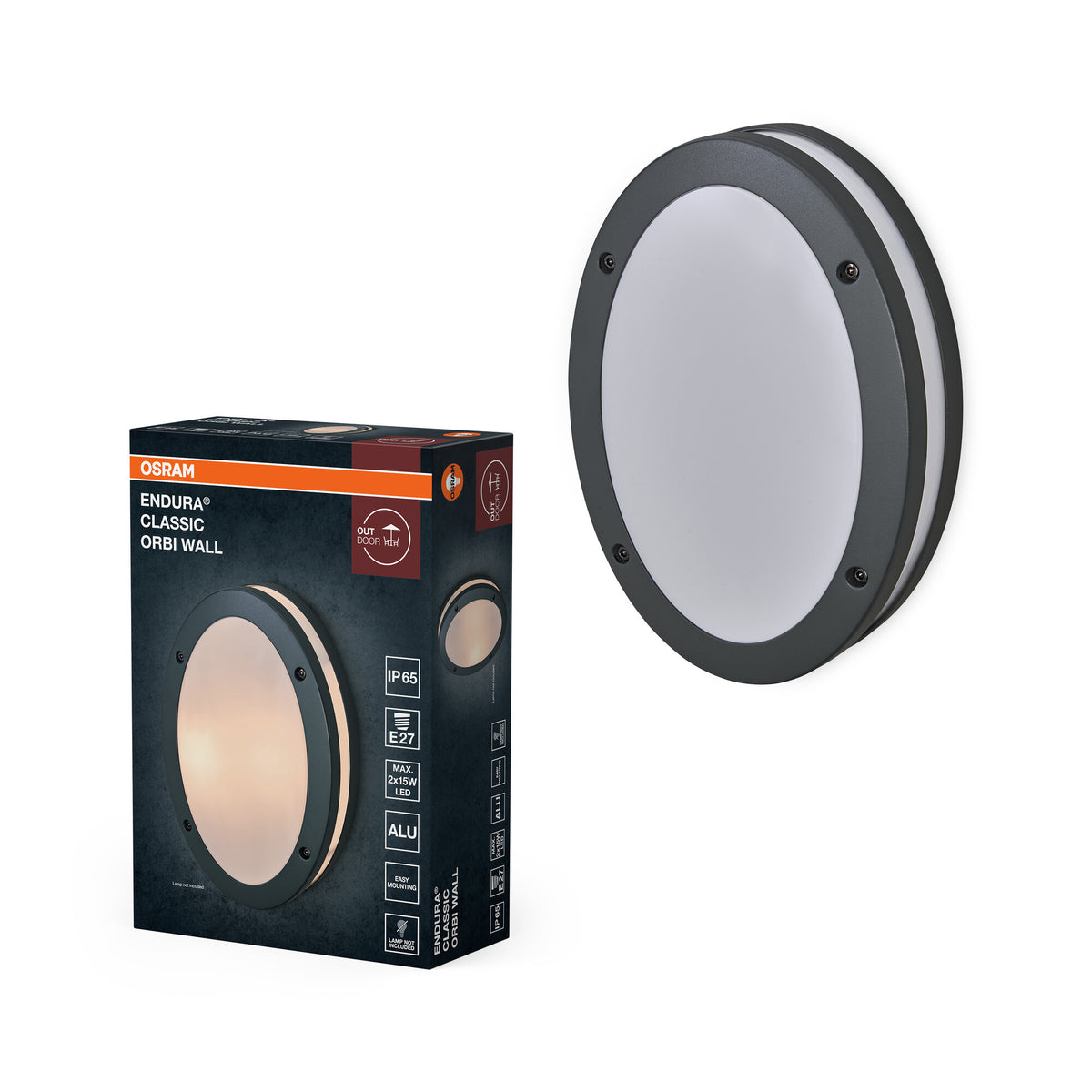 OSRAM ENDURA CLASSIC ORBI W Außenleuchte, Wandleuchte, E27-Fassung, dunkelgrau, Aluminium, schnelle & einfache Installation, mattierter Diffusor, IP65 Schutzklasse, Anwendung im Außenbereich