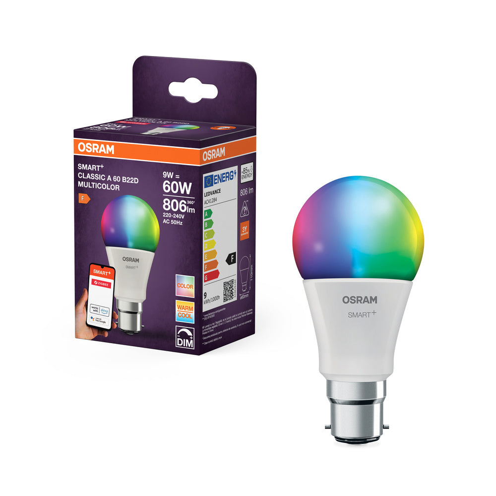 OSRAM Smart+ lamp met ZigBee-technologie, 9W, A60, mat, RGBW instelbare lichtkleur, 806lm, B22D fitting