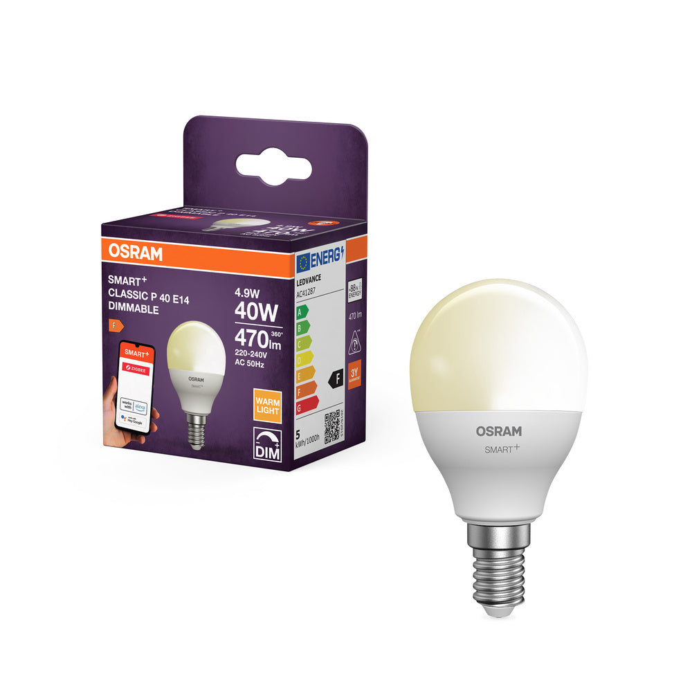 OSRAM Smart LED-lamp met ZigBee-technologie, E14-fitting, dimbaar, warm wit (2700 K), vervangt 40 W gloeilampen, SMART+ Mini dimbare lamp, 1 stuk