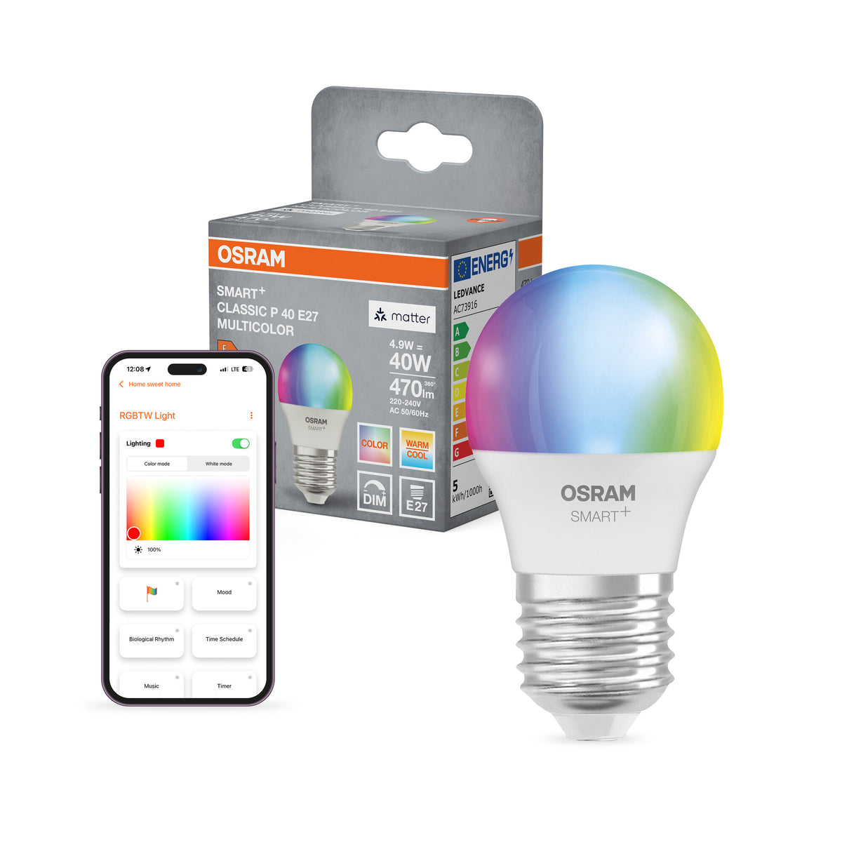 OSRAM SMART+ MATTER Classic vormen Multicolor in P-vorm, LED-lamp, mat, 4,9 W, 470 lm, van 2700 tot 6500 K, Matter, compatibel met smart speakers, dimbaar