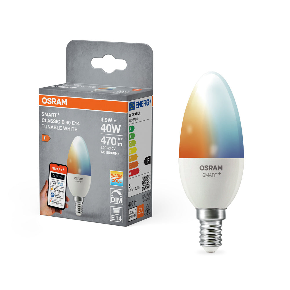 OSRAM Matter SMART+ LED-kaarslamp 4,9W TW FR E14, 470 lm, 2700…6500 K, instelbaar wit