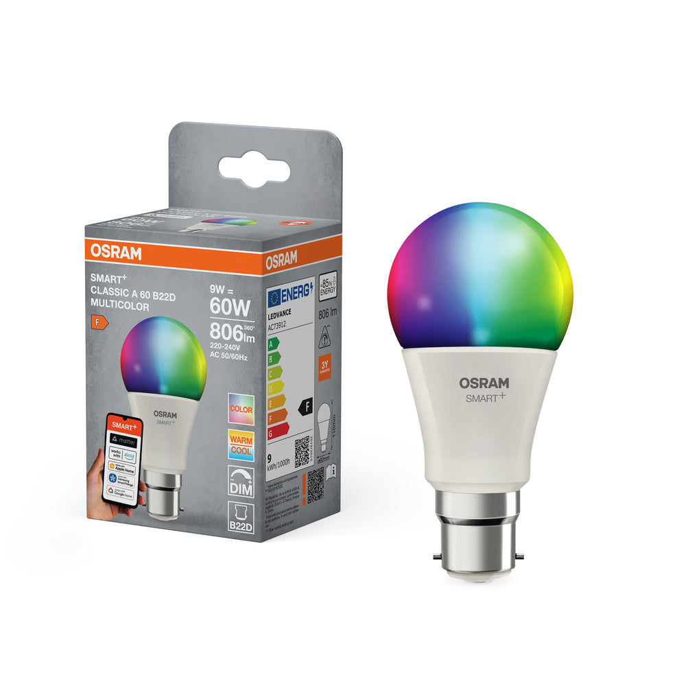 OSRAM Matter SMART+ Classic LED-lamp RGBW FR B22D 9W, 806 lm, 2700…6500 K, RGBW