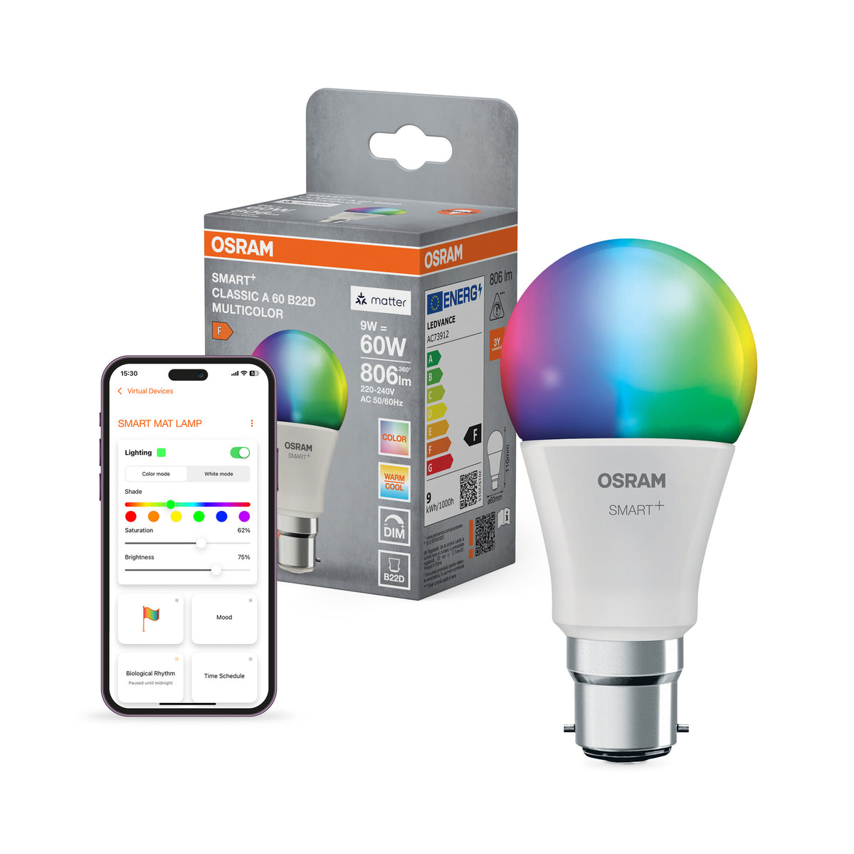 OSRAM SMART+ MATTER Classic shapes Multicolor in A-vorm, LED-lamp, mat, 9 W, 806 lm, van 2700 tot 6500 K, Matter, compatibel met smart speakers, dimbaar