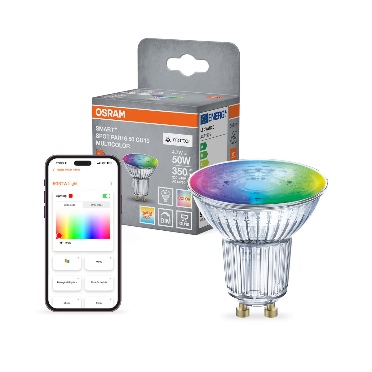OSRAM SMART+ MATTER Spot Multicolor in PAR16-Form, LED-Spot, Glas, 4,7 W, 350 lm, von 2700 bis 6500 K, Matter, Smartspeaker-Kompatibel, Dimmbar