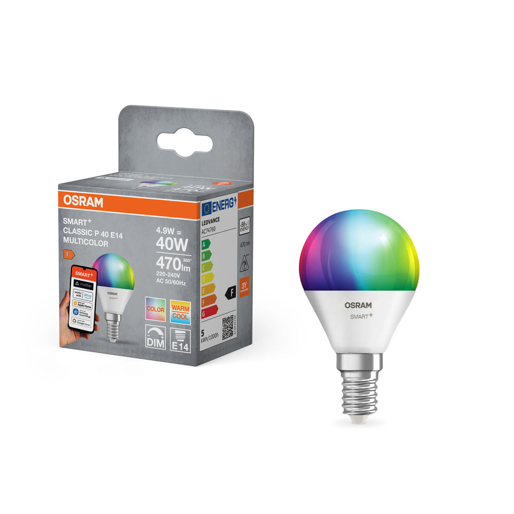 OSRAM Matter SMART+ LED-lamp CLASSIC P, RGB, mat, 4,9W, 470lm, E14
