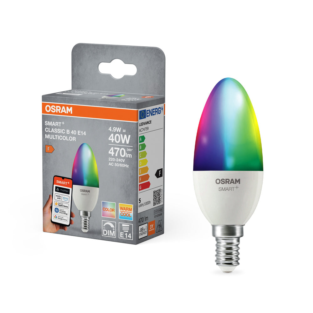 OSRAM Matter SMART+ LED-lamp CLASSIC B, RGB, mat effect, 4,9W, 470lm, E14