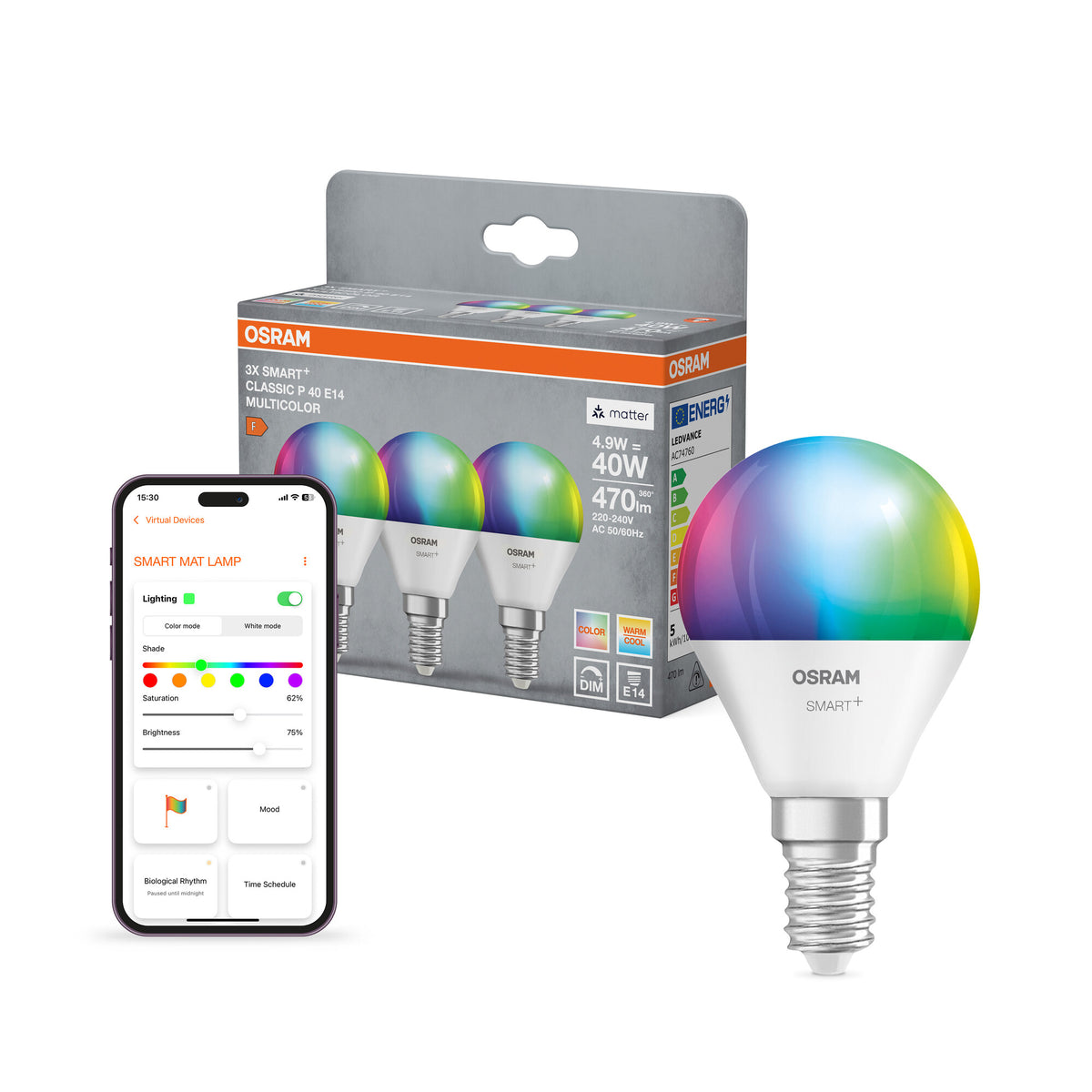 OSRAM SMART+ MATTER Classic vormen Multicolor in P-vorm, LED-lamp, mat, 4,9 W, 470 lm, van 2700 tot 6500 K, Matter, compatibel met smart speakers, dimbaar