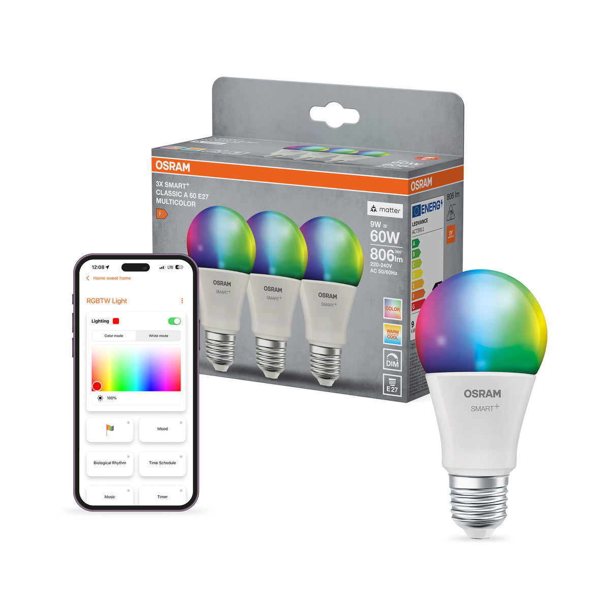 OSRAM SMART+ MATTER Classic shapes Multicolor in A-Form, LED-Lampe, Matt, 9 W, 806 lm, von 2700 bis 6500 K, Matter, Smartspeaker-Kompatibel, Dimmbar