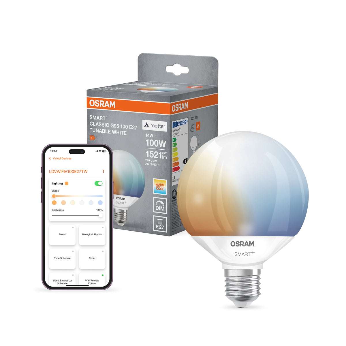 OSRAM SMART+ MATTER Classic shapes Tunable white in bolvorm, LED-lamp, mat, 14 W, 1521 lm, van 2700 tot 6500 K, Matter, compatibel met smart speakers, dimbaar