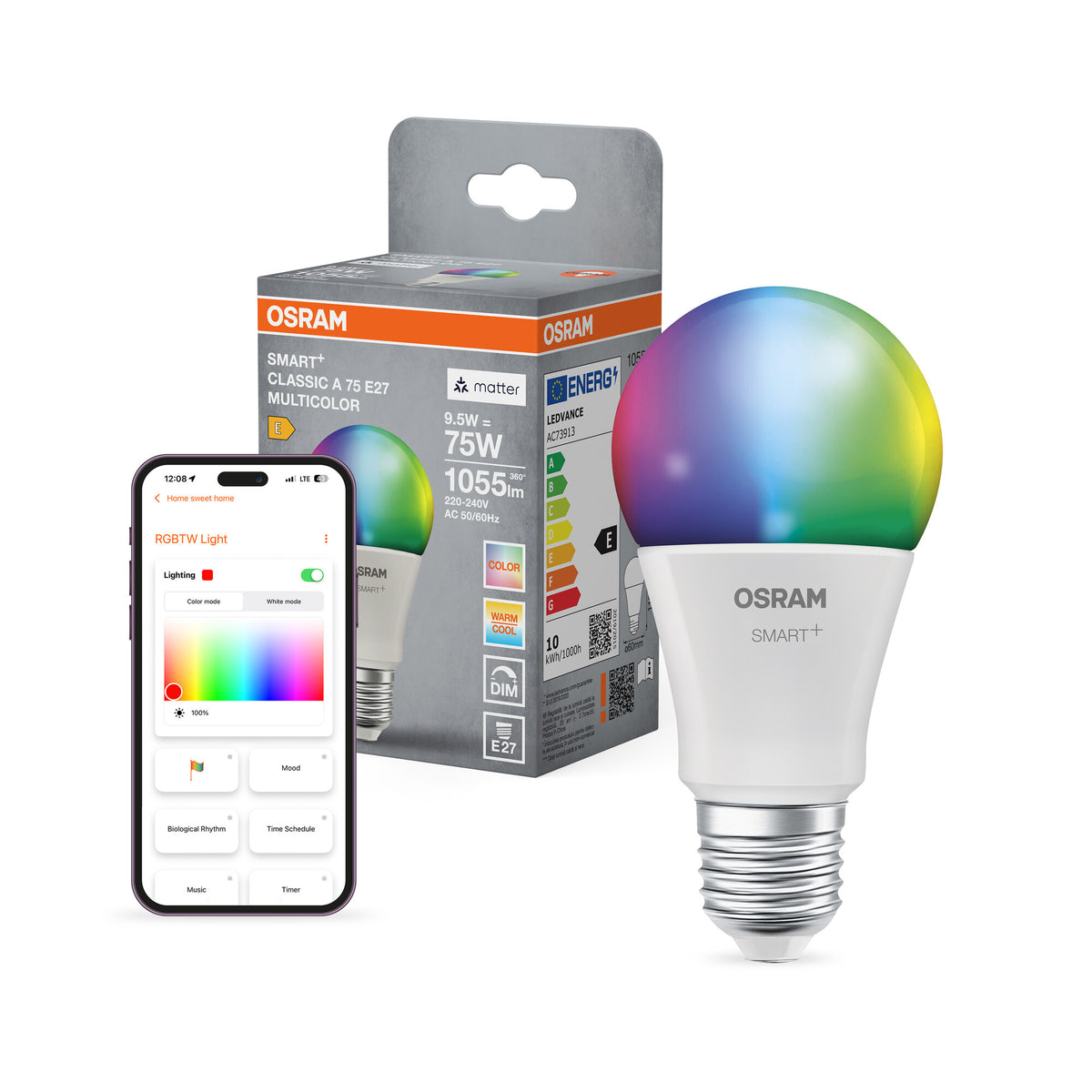 OSRAM SMART+ MATTER Classic shapes Multicolor in A-vorm, LED-lamp, mat, 9,5 W, 1055 lm, van 2700 tot 6500 K, Matter, compatibel met smart speakers, dimbaar