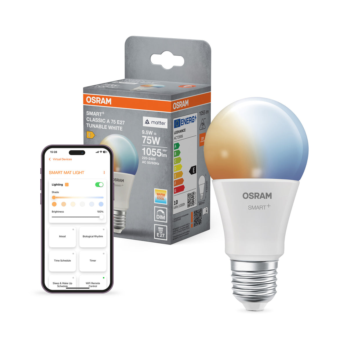 OSRAM SMART+ MATTER Classic shapes Tunable white in A-Form, LED-Lampe, Matt, 9,5 W, (ex 75 W), 1055 lm, Lichtfarbe variabel, Matter, Smartspeaker-Kompatibel, Dimmbar