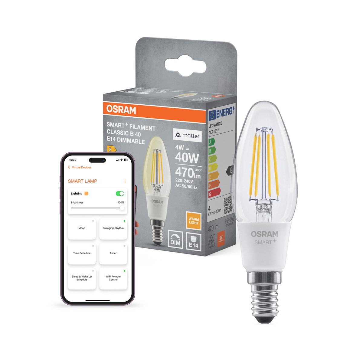 OSRAM SMART+ MATTER Filament Classic vormen, dimbaar in B-vorm, LED-lamp, glas, helder, 4 W, 470 lm, 2700 K, Matter, compatibel met smartspeakers, dimbaar
