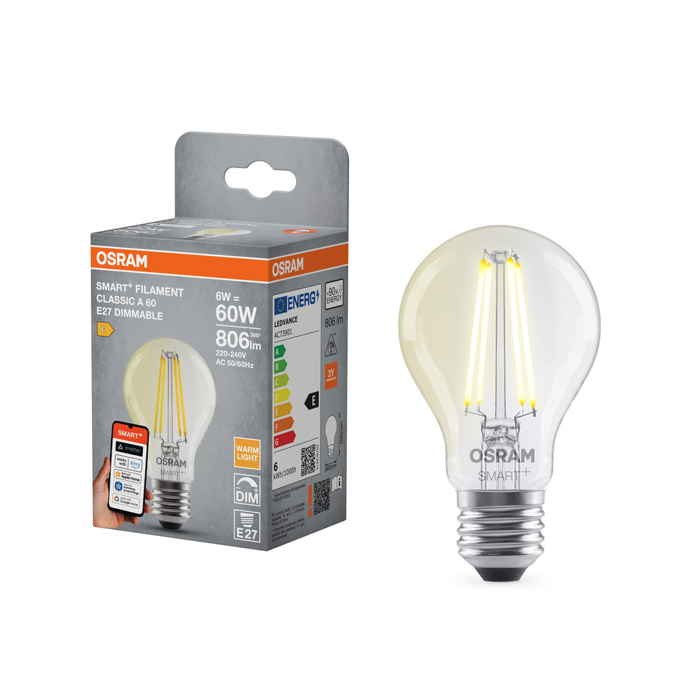 OSRAM Matter SMART+ Classic LED-filamentlamp, dimbaar, 60 mm, 5,5 W, E27