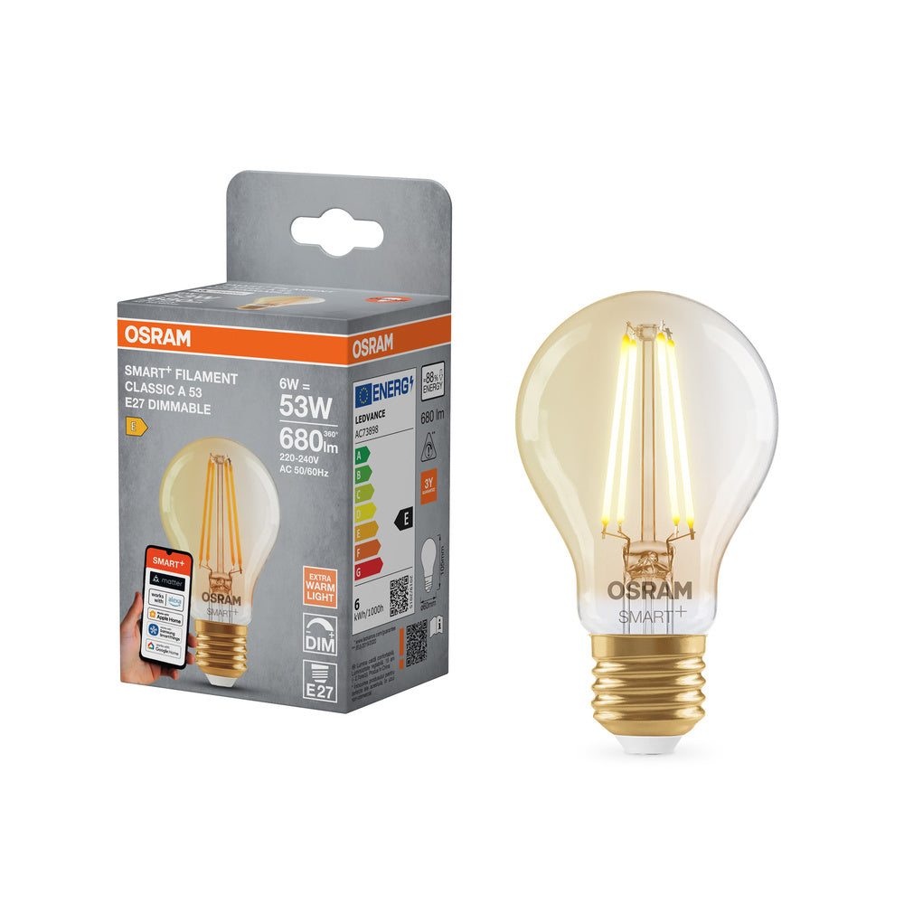 OSRAM Matter SMART+ LED-Lampe mit WiFi Technologie in Gold Glas, Sockel E27, Dimmbar,Warmweiß (2400K), ersetzt Glühlampen mit 53 W, SMART+ WiFi Classic Dimmable, 1er-Pack
