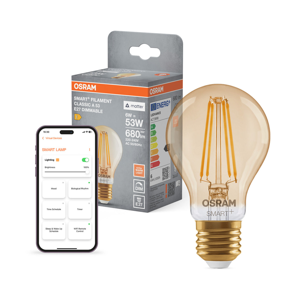OSRAM SMART+ MATTER Filament Classic vormen, dimbaar in A-vorm, LED-lamp, glas, goud, 6 W, 680 lm, 2400 K, Matter, compatibel met smartspeakers, dimbaar