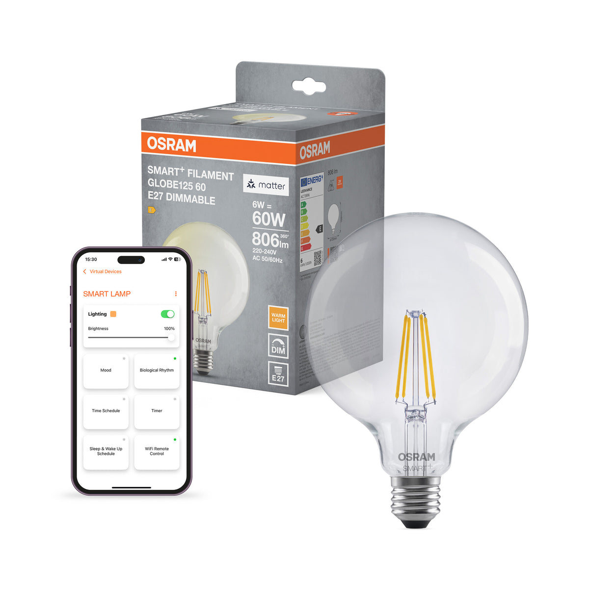 OSRAM SMART+ MATTER Filament Classic vormen, dimbaar, in globusvorm, LED-lamp, glas, helder, 6 W, 806 lm, 2700 K, Matter, compatibel met smart speakers, dimbaar