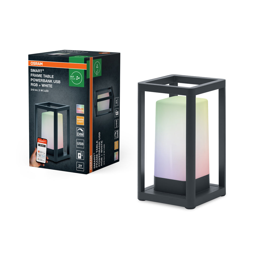 OSRAM SMART+ WiFi Tafellamp met frame, powerbank, USB RGB-verlichting, draagbaar, zwart, 3000K, 12x20,3 cm