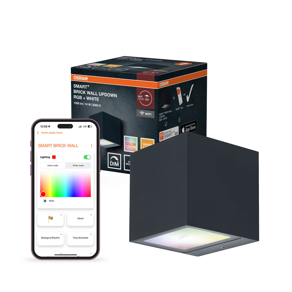 OSRAM SMART+ WiFi Brick LED-wandlamp Up/Down donkergrijs, 14 W, 550 lm, RGB+W 3000 K, WiFi, Alexa, IP44 voor buiten