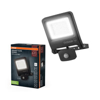 OSRAM ENDURA FLOOD PC 50W LED-schijnwerper met sensor, 4000K, 5000 lumen, IP44 schijnwerper met IR-sensor, instelbaar bereik tot 9 m, donkergrijs