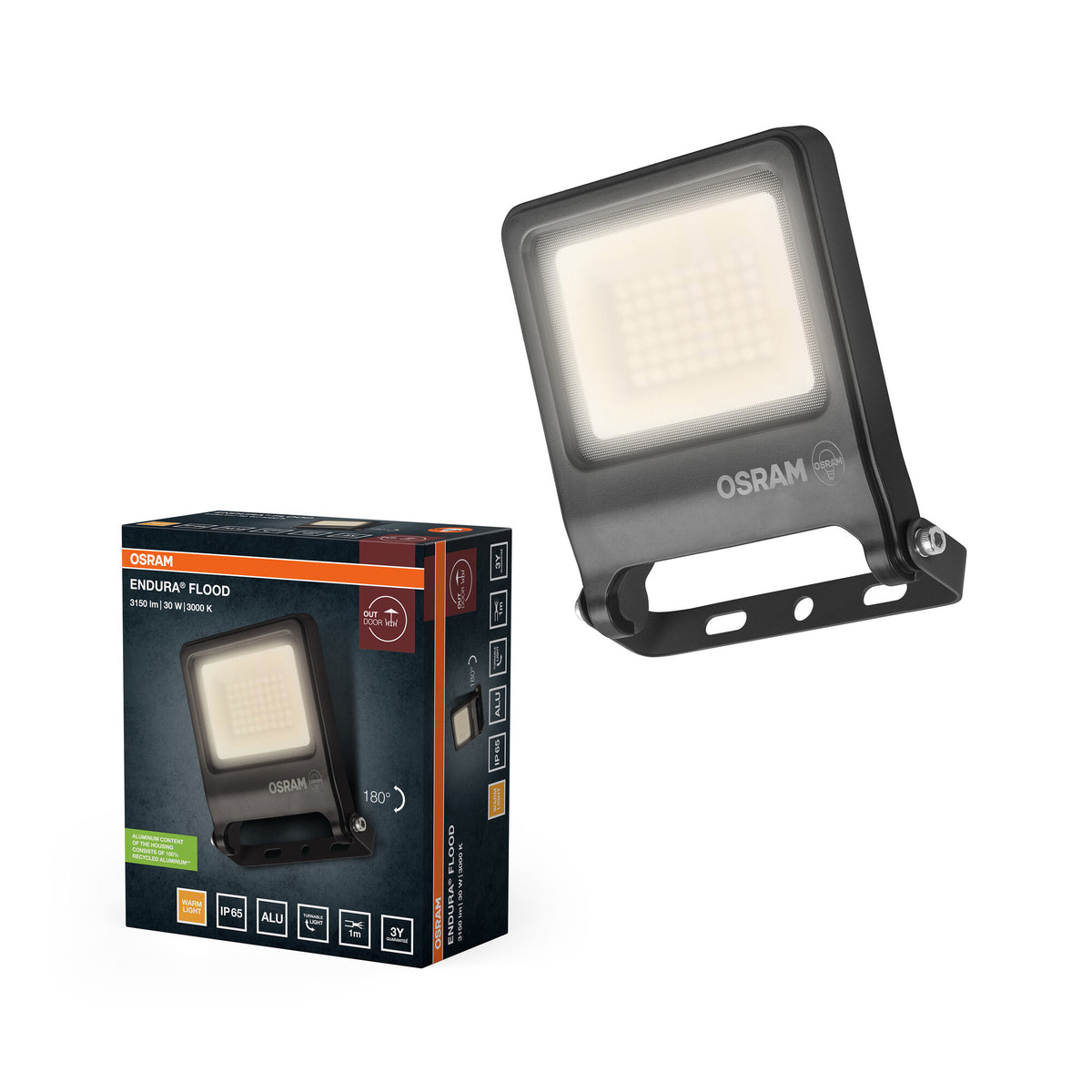 OSRAM ENDURA FLOOD PC 30W LED-schijnwerper, 3000K warmwit, 3000 lumen, IP65 milieuvriendelijke schijnwerper, 110° lichtbundelhoek, 100 lm/W, grijs