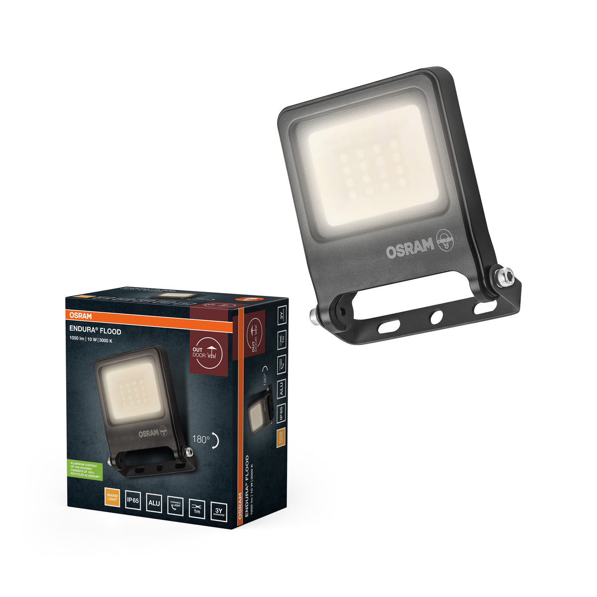 OSRAM ENDURA FLOOD PC 10W LED-schijnwerper, 3000K warmwit, 1000 lumen, IP65 weerbestendige schijnwerper, 110° stralingshoek, donkergrijs