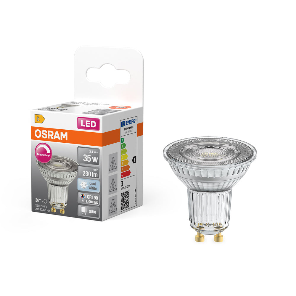OSRAM dimbare PAR16 LED-reflectorlamp met GU10-fitting, koel wit (4000K), glazen spot, 3,7W, vervanging voor 35W reflectorlamp, LED SUPERSTAR PAR16
