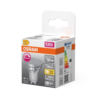 OSRAM dimbare PAR16 LED-reflectorlamp warm wit (2700K) met hoge kleurweergave-index (CRI90), vervanging voor conventionele 50W GU10-spotlights.