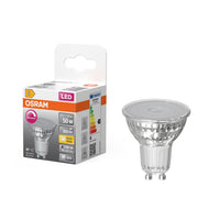 OSRAM dimbare PAR16 LED-reflectorlamp warm wit (2700K) met hoge kleurweergave-index (CRI90), vervanging voor conventionele 50W GU10-spotlights.