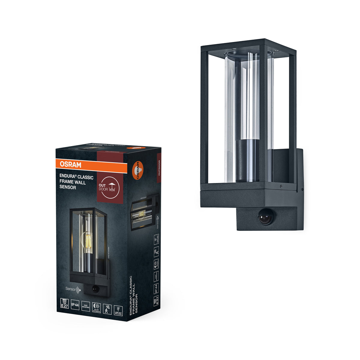 OSRAM Endura Classic LED-wandlamp Frame, E27-fitting, PIR-sensor, IP44, donkergrijs aluminium, glas