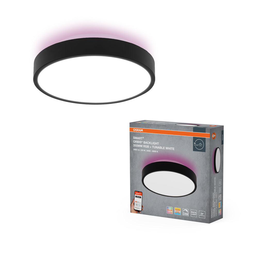 OSRAM Wifi SMART+ ORBIS BACKLIGHT LED Plafondlamp RGBW Meerkleurig 35cm Instelbaar Wit 28W / 3000-6500K Zwart