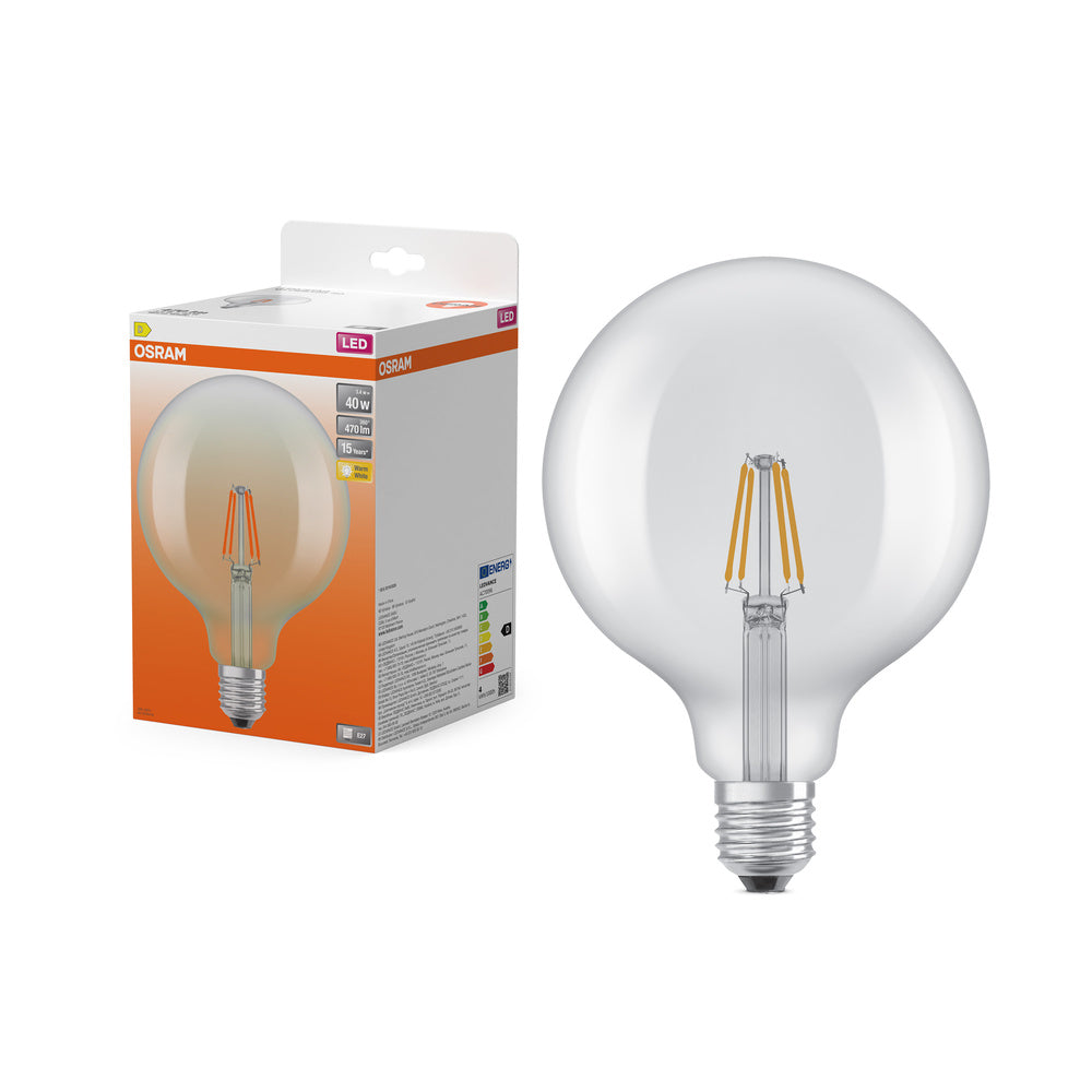 OSRAM LED-lampen, klassieke bolvorm, equivalent aan 40 watt, E27, G125, 2700 Kelvin, warm wit, helder glas, per stuk verpakt