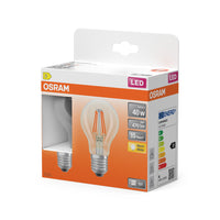 OSRAM LED-lampen, klassieke lampvorm, equivalent aan 40 watt, E27, A-vorm, 2700 Kelvin, warm wit, helder glas, 2 stuks