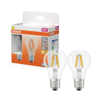 OSRAM LED-lampen, klassieke lampvorm, equivalent aan 40 watt, E27, A-vorm, 2700 Kelvin, warm wit, helder glas, 2 stuks