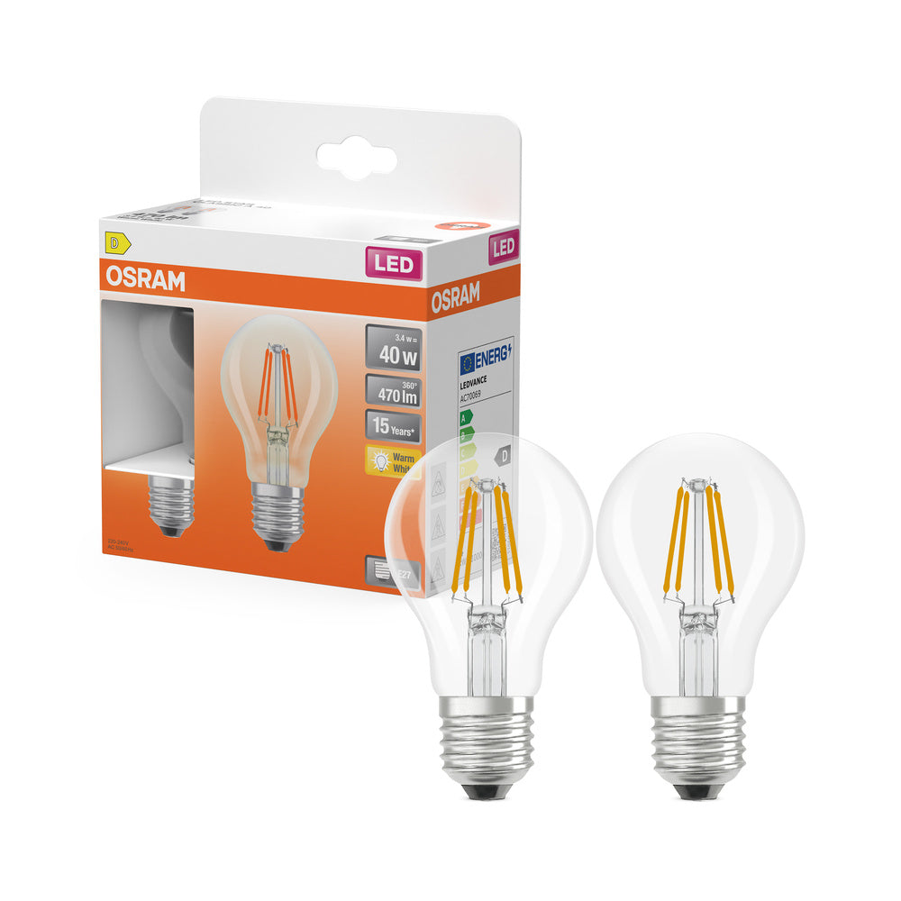 OSRAM LED-lampen, klassieke lampvorm, equivalent aan 40 watt, E27, A-vorm, 2700 Kelvin, warm wit, helder glas, 2 stuks
