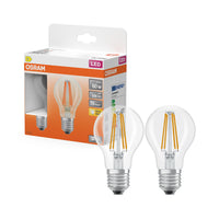 OSRAM LED-lampen, klassieke lampvorm, equivalent aan 60 watt, E27, A-vorm, 2700 Kelvin, warm wit, helder glas, 2 stuks