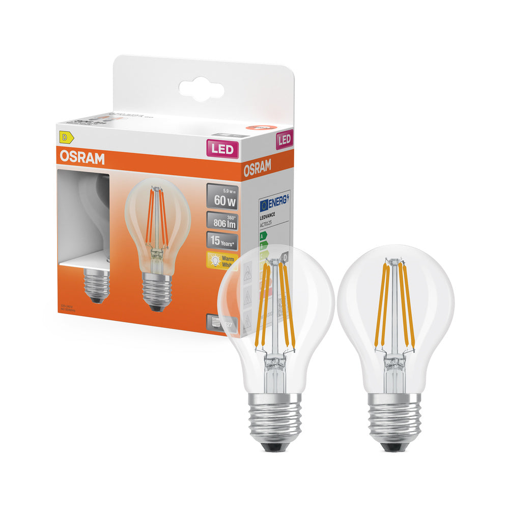 OSRAM LED-lampen, klassieke lampvorm, equivalent aan 60 watt, E27, A-vorm, 2700 Kelvin, warm wit, helder glas, 2 stuks