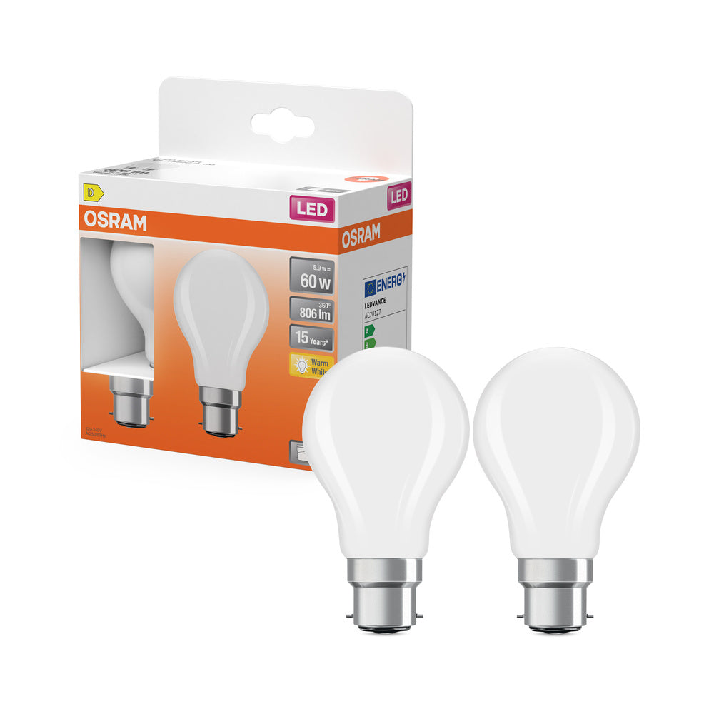 OSRAM LED-lamp LED Retrofit CLASSIC A 6,5W 827 Mat B22d verpakking van 2, 806 lm, 2700 K, warm wit, verpakking van 2