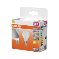 OSRAM LED-lampen, klassieke mini-bolvorm, equivalent aan 40 watt, E14, P-vorm, 2700 Kelvin, warm wit, helder glas, 2 stuks