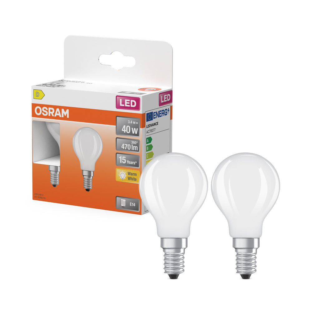 OSRAM LED-lampen, klassieke mini-bolvorm, equivalent aan 40 watt, E14, P-vorm, 2700 Kelvin, warm wit, helder glas, 2 stuks