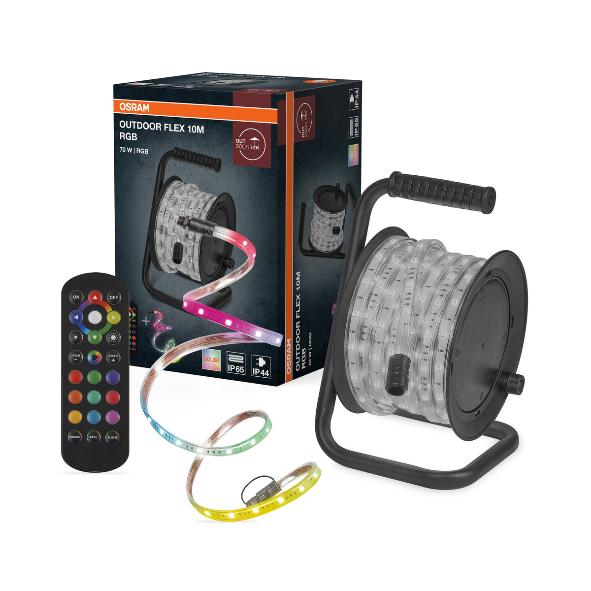 OSRAM Outdoor Flex RGB LED-strip 10 m IP65, incl. afstandsbediening, uitbreidbaar tot 50 m, met kabelhaspel, aansluitkabel en accessoires