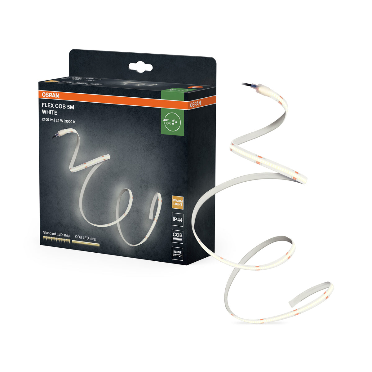 OSRAM FLEX COB OUTDOOR 5M LED-strip, wit, 22 W, 800 lm, warmwit licht, COB-technologie, gelijkmatige lichtverdeling, lange levensduur, eenvoudige montage, beschermingsklasse IP44, 3000 K