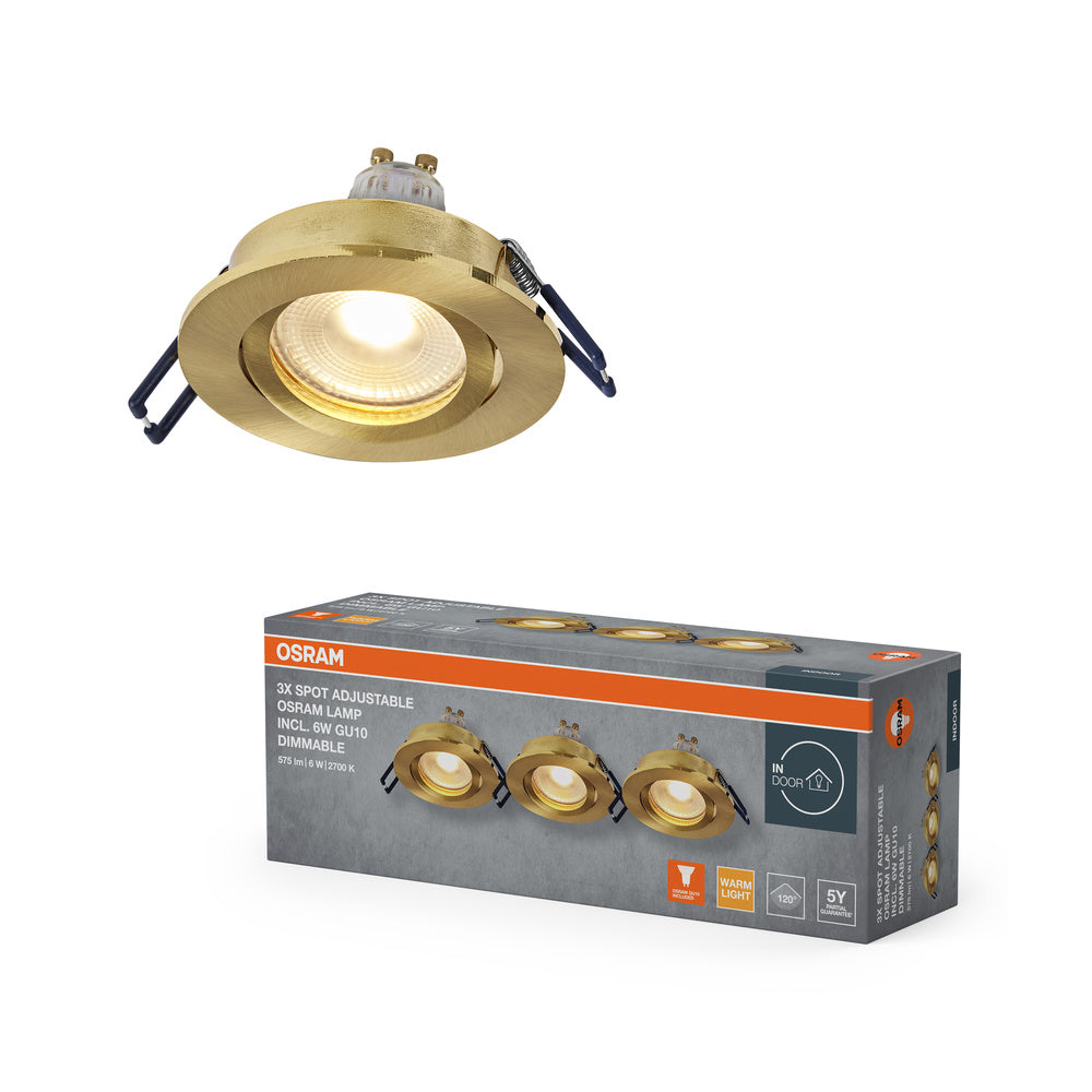 OSRAM LED-spotset voor inbouwmontage, GU10, dimbaar, draaibaar, kliksysteem, 6W, satijngoud, ⌀68 mm