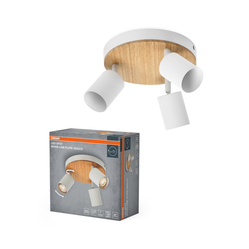 OSRAM LED Spot Plafondlamp met Houten Lijnafwerking, 3xGU10, Wit en Houtdecor