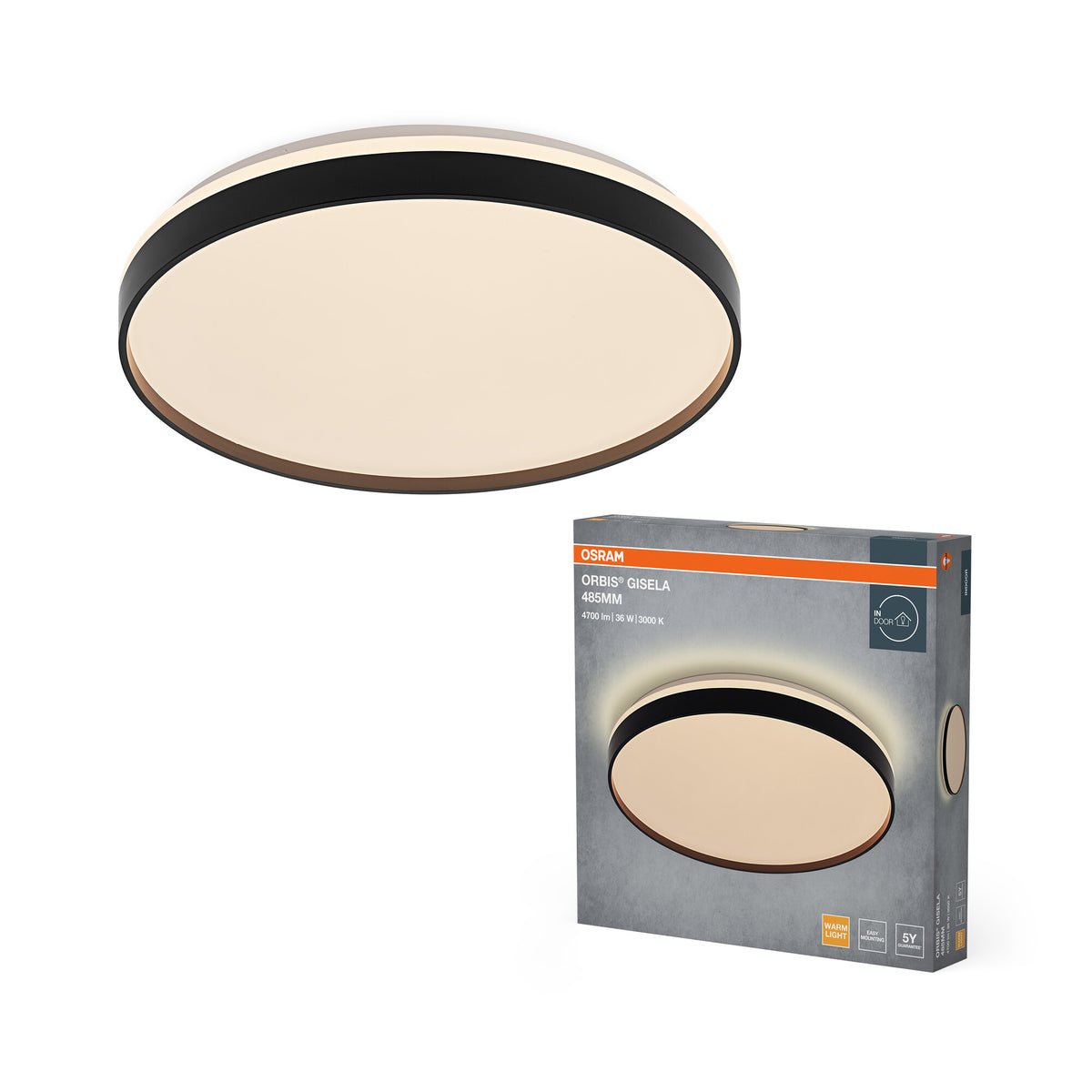 OSRAM Orbis Gisela plafondlamp, 485 mm, 36 W, 3000 K, warmwit, zwart