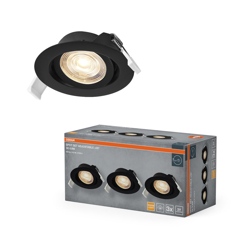 OSRAM LED-spotset voor inbouwmontage, draaibaar, 4,9 W, 36°, zwart, ⌀75 mm
