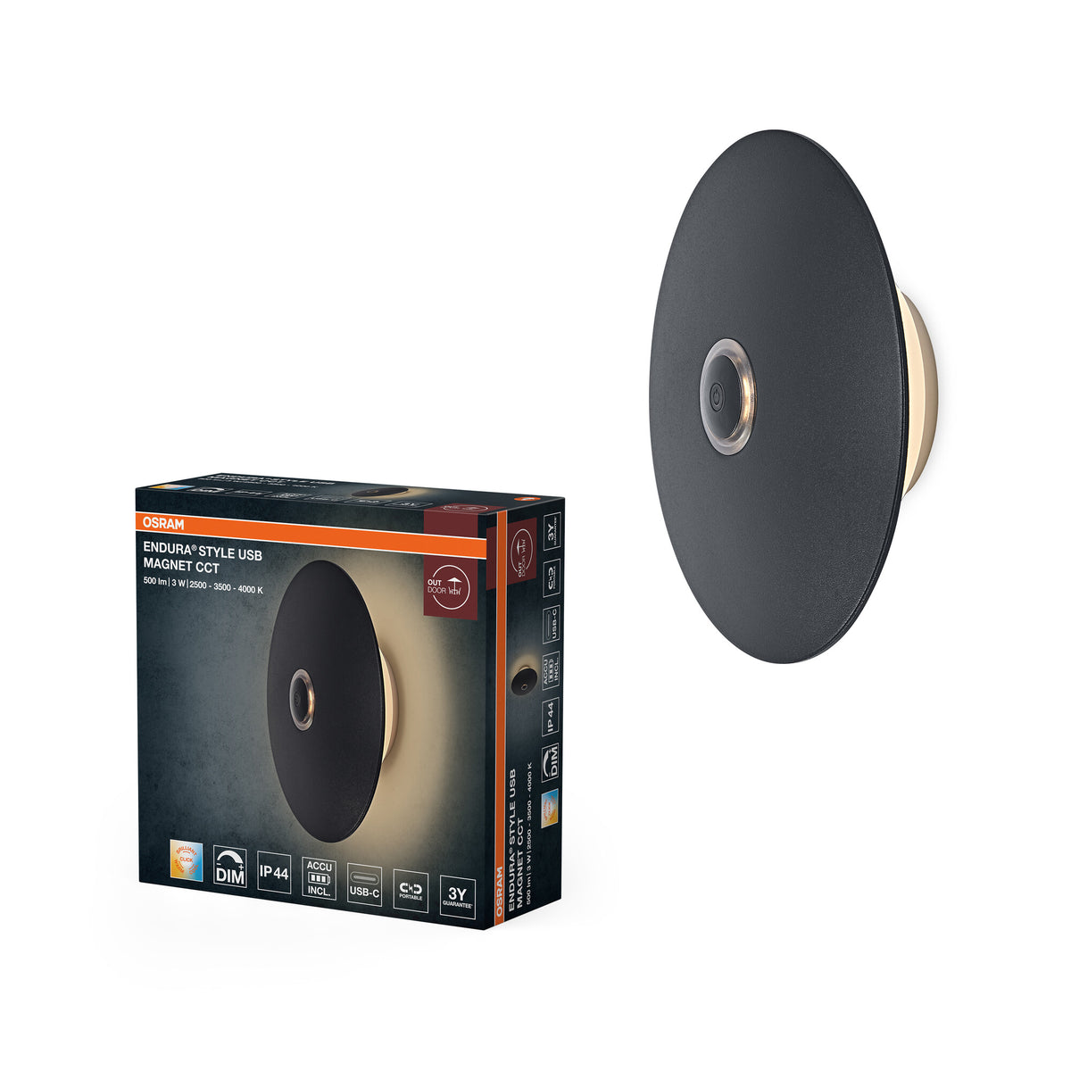 OSRAM buitenwandlamp, wit, accu met USB-C, 3 W, 210 lm, 2500 K/3000 K/4000 K, traploos dimbaar, IP44, levensduur 25.000 uur, aluminium behuizing