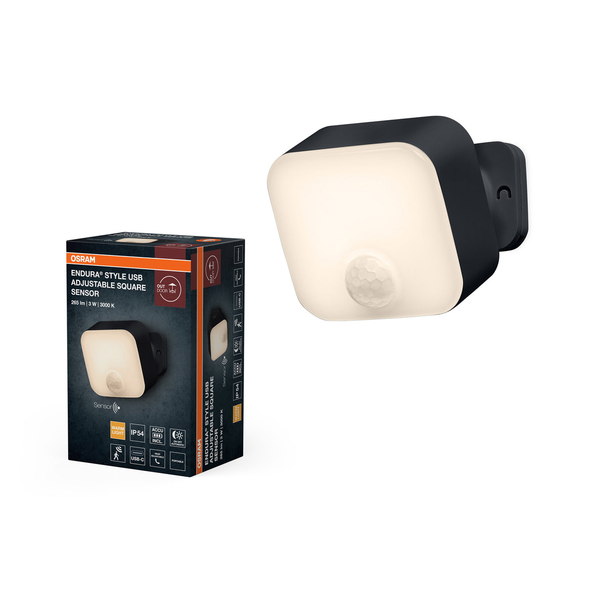 OSRAM buitenwandlamp, donkergrijs, accu met USB-C, 3 W, 150 lm, 3000 K, 110° stralingshoek, IP54, PIR-bewegingssensor, daglichtsensor, levensduur van 50.000 uur.