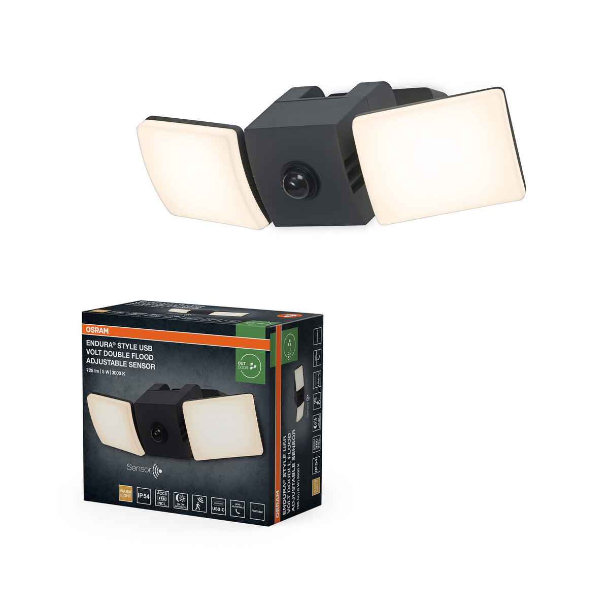 OSRAM ENDURA® Style USB Akku Außenwandleuchte 5W Flood Sensor IP54 Dark Grey