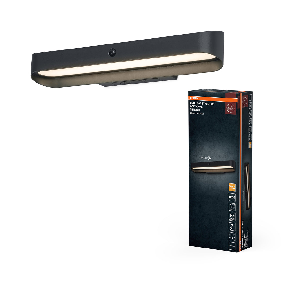 ENDURA Style USB Volt buitenwandlamp, donkergrijs, 7,00 W, 265 lm, 3000 K, 108° stralingshoek, levensduur 50.000 uur, IP54, accu met USB-C, bewegingssensor, aluminium